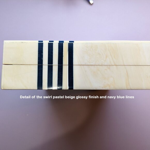 C Wonder Trinket / Jewelry Box, Inlay beige & blue stripe design, 9 x 6  x 2" - Picture 8 of 17